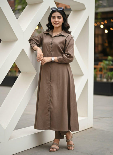 Long Gown Shirt with Trouser Brown