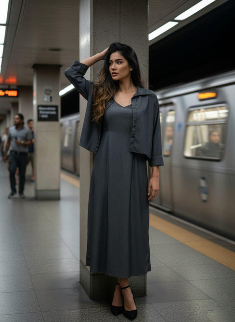 Jacket Style Layered Dress Charcoal Black