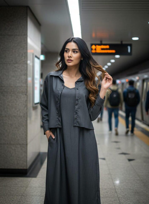 Jacket Style Layered Dress Charcoal Black