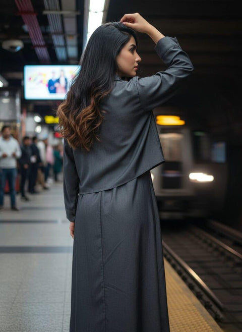 Jacket Style Layered Dress Charcoal Black