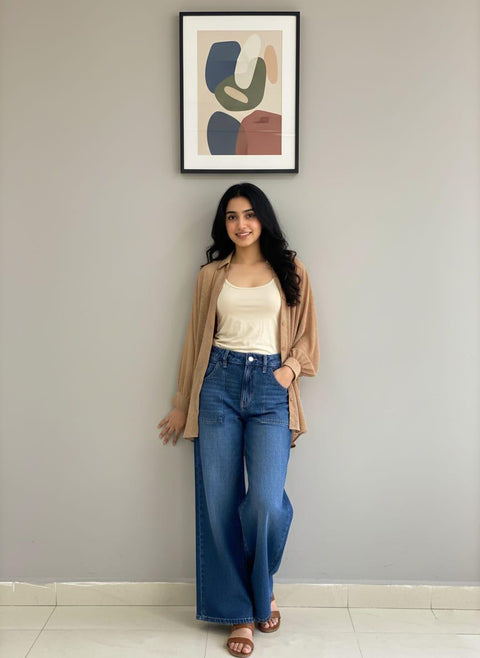 Wide Leg Jeans & Brown Silk Shirt