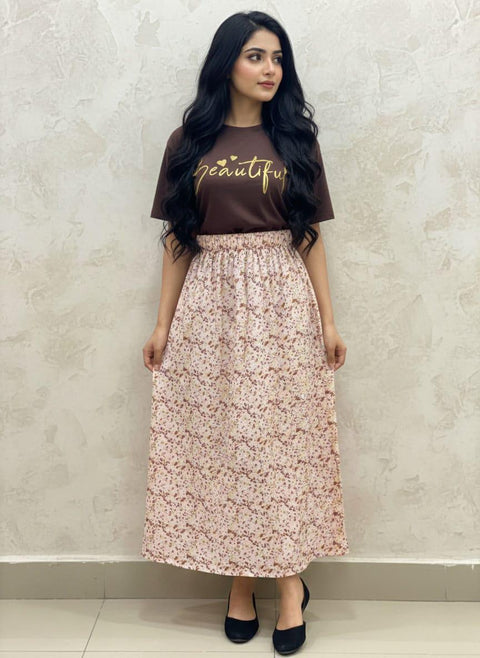 Maxi Skirt in Floral Print with T-Shirt Coconut Brown