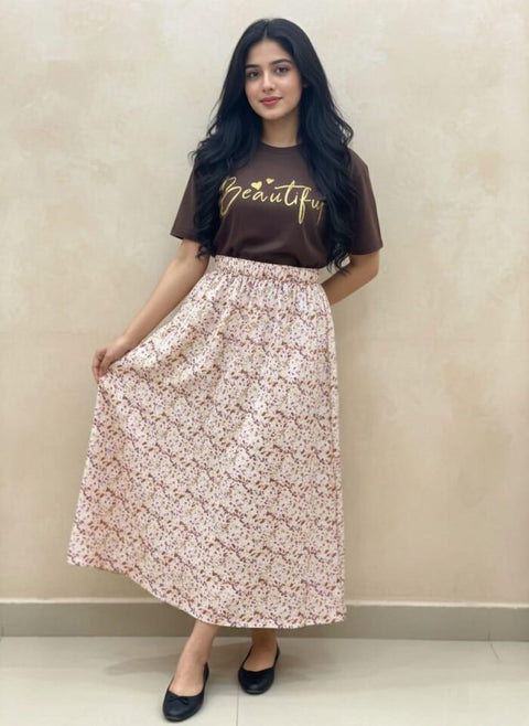 Maxi Skirt in Floral Print with T-Shirt Coconut Brown