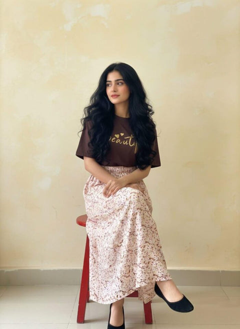 Maxi Skirt in Floral Print with T-Shirt Coconut Brown